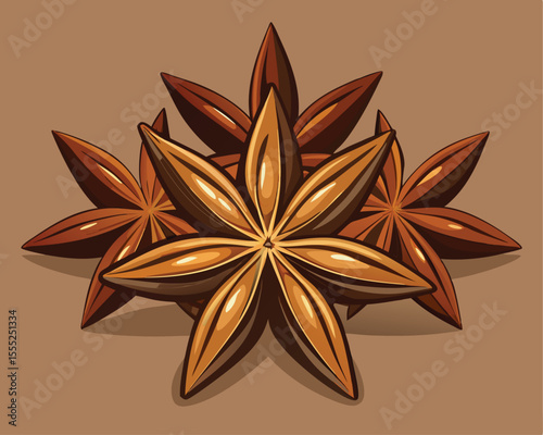 Whole star anise pods arranged on a rustic wooden background vector art design 