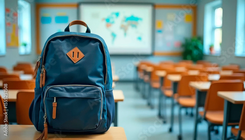Backpack in empty classroom, symbol of first day of school, anticipation and start of academic year.