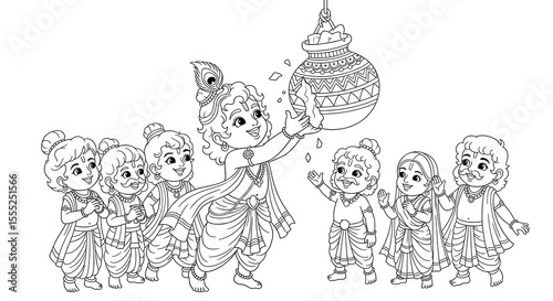 Cute cartoon krishna breaking a pot of yogurt with friends isolated on transparent background