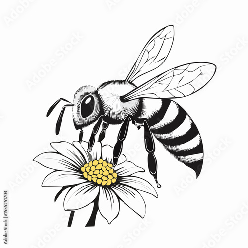 Honey Bee Collecting Nectar Flower Image Vector Isolated on white Background.