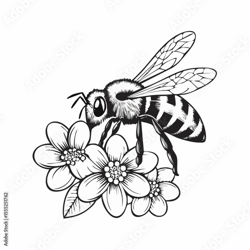 Honey Bee Collecting Nectar Flower Image Vector Isolated on white Background.