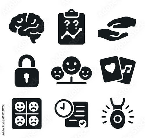 Minimalist Camping Icons. Solid, filled icons set of minimalist camping gear: tent, sleeping bag, lantern,