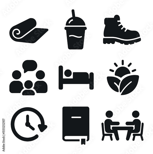 Dystopian Icon Set. Solid, filled icons set of dystopian collage: barbed wire, tower shadow, gas mask, warning