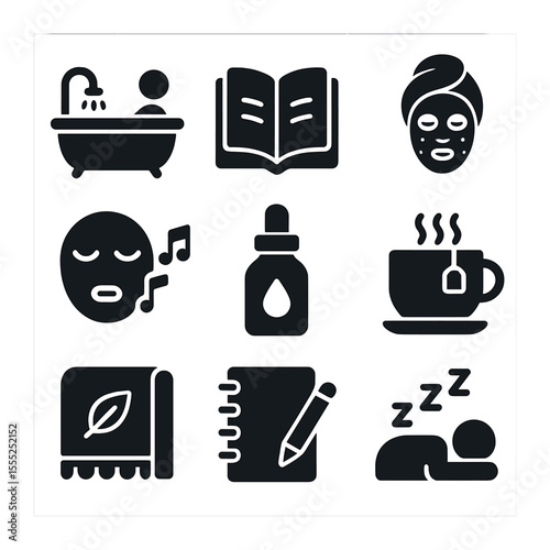 Sci-Fi Icons Grid. Solid, filled icons set of sci-fi collage: alien skull, space helmet, reactor glow, code