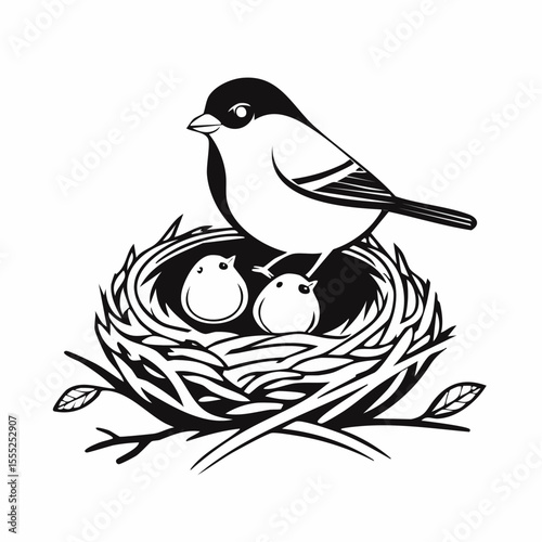 A bird is sitting in a nest with baby birds image vector isolated on white background
