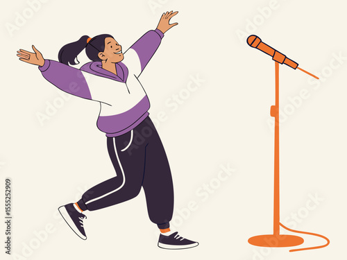 Minimal Style Artwork Featuring Female Performer Dancing in Front of Microphone with Light Background