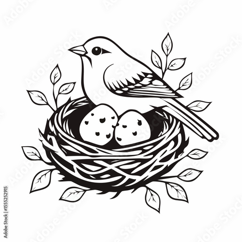 A bird is sitting in a nest with baby birds image vector isolated on white background