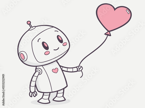 Minimalist Flat Design of Cute Humanoid Robot with Heart Balloon Standing Cheerfully