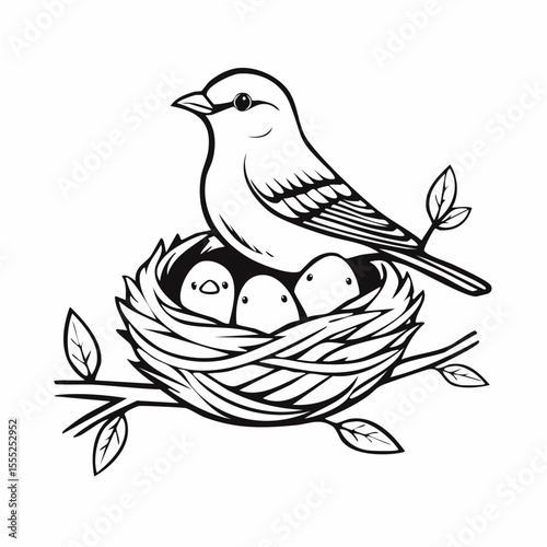 A bird is sitting in a nest with baby birds image vector isolated on white background