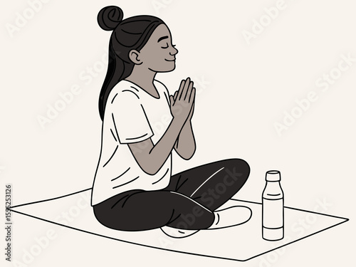 Flat Design Illustration of Calm Female Practicing Meditation with Eyes Closed and Relaxed Expression