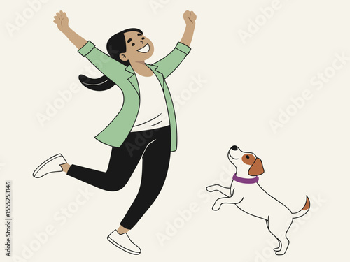 Flat Design Illustration of Joyful Woman and Dog Celebrating Together in Minimalist Style Scene