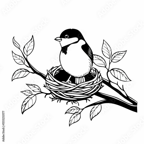 Bird sitting on nest and looking around in the forest image vector isolated on white background.