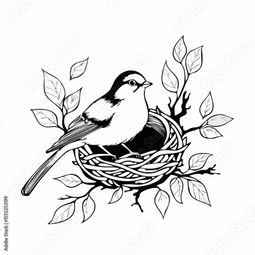 Bird sitting on nest and looking around in the forest image vector isolated on white background.