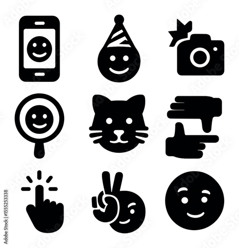 Mobile App Icon Set. Solid, filled icons set of mobile app preview: smartphone with teaser screen, coming soon