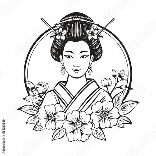 Geisha With Floral Vector Illustration on white background.