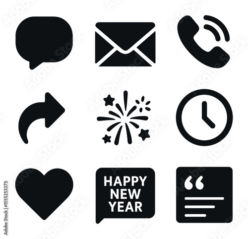 Event Icon Set. Solid, filled icons set of event announcement: megaphone, save the date, event ticket, teaser