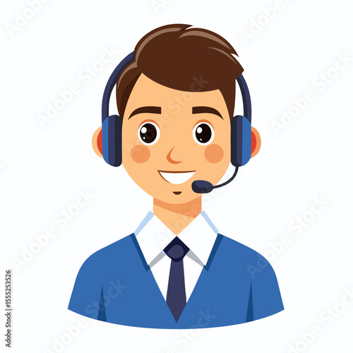 Friendly call center representative with headset smiling warmly in bright white studio setting