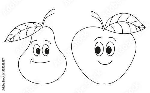 Cute fruit characters. Friendly company of pear with smiling apple. Black and white. Vector illustration for coloring book, worksheet, print.