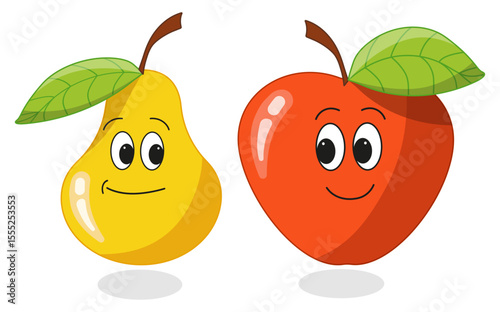 Cute fruit characters. Friendly company of yellow pear with red smiling apple on white background.  Vector illustration for children's entertainment, book, print.
