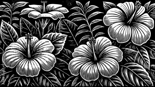 hibiscus flower with wide petals and tropical style, a black and white sketch vector