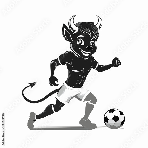 Horned devil is happily playing soccer dribbling a ball image vector on white background