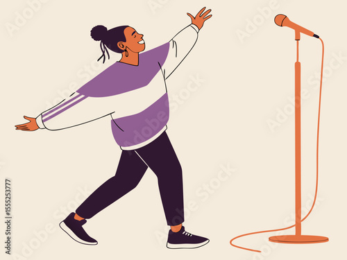 Digital Illustration of Smiling Female Dancer in Oversized Sweater with Microphone on Beige Background