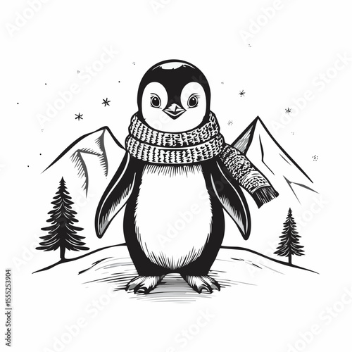 Winter Penguin Wearing Cozy Scarf Standing on a Cold Snowy Mountain Vector Artwork