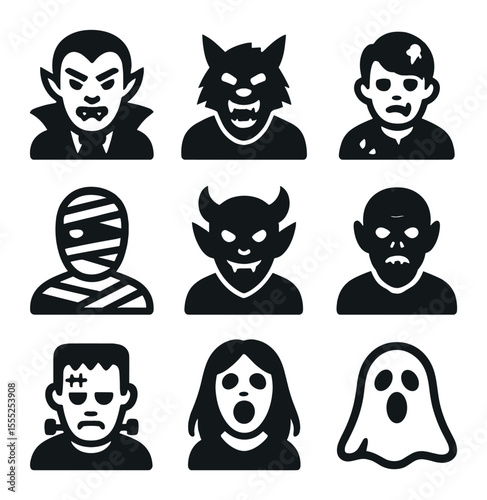 Surveillance Icons Grid. Solid, filled icons set of surveillance & monitoring: CCTV camera, tracking pin,