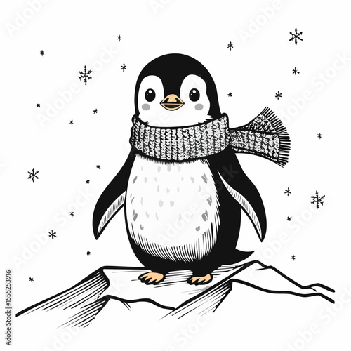 Winter Penguin Wearing Cozy Scarf Standing on a Cold Snowy Mountain Vector Artwork
