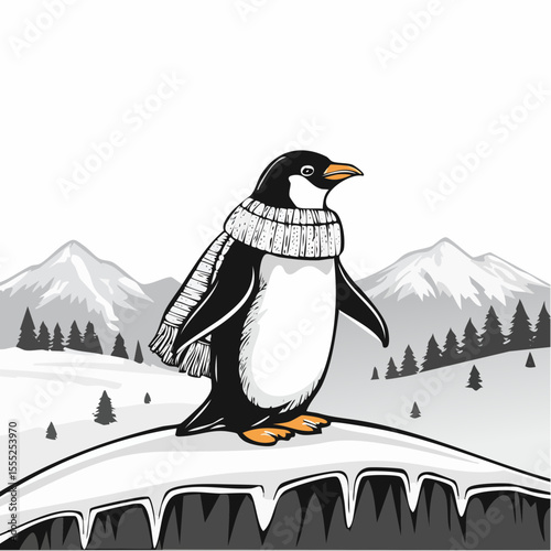 Penguin Dressed in Scarf Looking Over the Frozen Landscape from Icy Mountain Vector