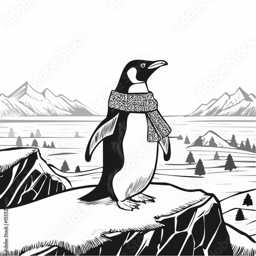 Penguin Dressed in Scarf Looking Over the Frozen Landscape from Icy Mountain Vector