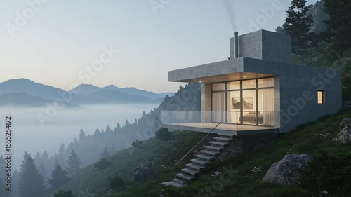 Modern Home Exterior on Mountain Hillside Above Foggy Valley at Dusk
