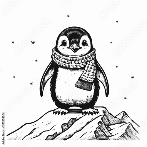 Adorable Penguin Wearing a Cozy Scarf Standing Proudly on a Snowy Mountain Peak Vector