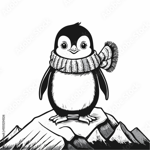Adorable Penguin Wearing a Cozy Scarf Standing Proudly on a Snowy Mountain Peak Vector