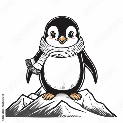 Adorable Penguin Wearing a Cozy Scarf Standing Proudly on a Snowy Mountain Peak Vector