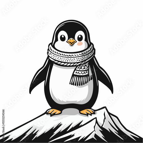 Adorable Penguin Wearing a Cozy Scarf Standing Proudly on a Snowy Mountain Peak Vector