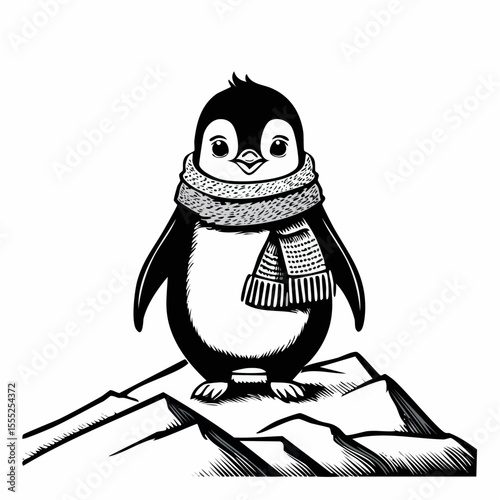Adorable Penguin Wearing a Cozy Scarf Standing Proudly on a Snowy Mountain Peak Vector