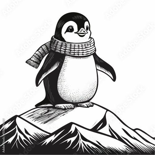 Adorable Penguin Wearing a Cozy Scarf Standing Proudly on a Snowy Mountain Peak Vector