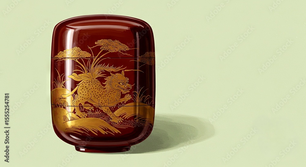 Obraz premium Red lacquer decorative container with golden pattern on green background 