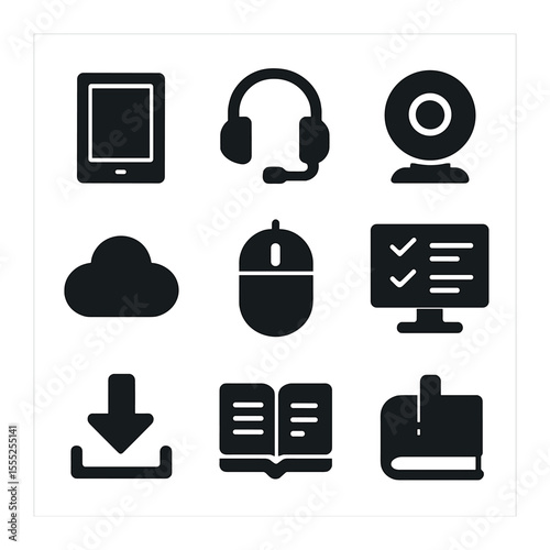 Phone Bidding Icons. Solid, filled icons set of phone bidding: telephone headset, operator icon, phone script,
