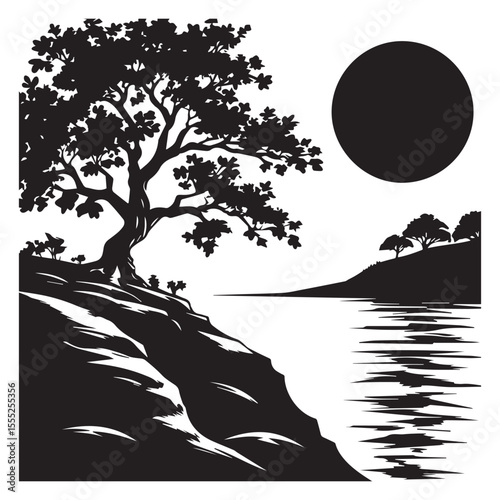 Silhouette of a tree on a cliff overlooking a lake under a full moon