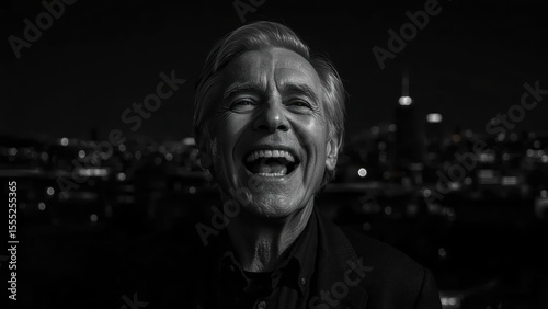 Elderly man laughing joyfully during nighttime cityscape background black and white photography portrait candid emotion happiness urban mood street light shadows