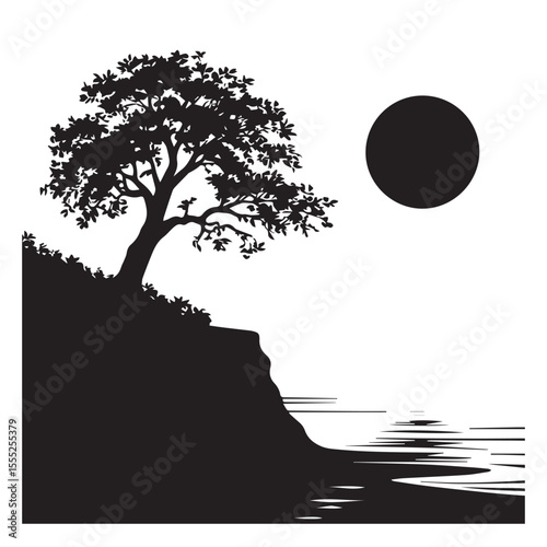 Silhouette of a tree on a cliff overlooking a lake under a bright moon