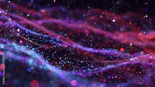 Abstract network of glowing particles and lines in purple and blue hues