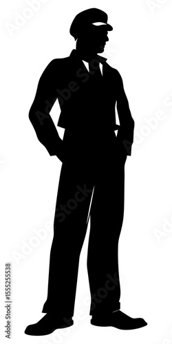 Construction worker silhouette vector standing in uniform with helmet and tools on transparent background, black isolated figure
