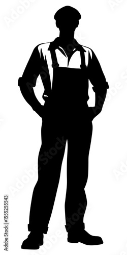Construction worker silhouette vector standing in uniform with helmet and tools on transparent background, black isolated figure