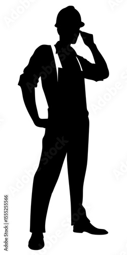 Construction worker silhouette vector standing in uniform with helmet and tools on transparent background, black isolated figure