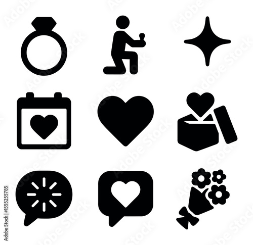 Proposal and Engagement Icons. Solid, filled icons set of proposal and engagement: engagement ring, kneeling