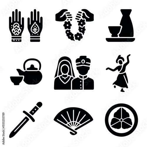 Cultural Wedding Icons. Solid, filled icons set of cultural wedding traditions: henna hands, garland exchange,