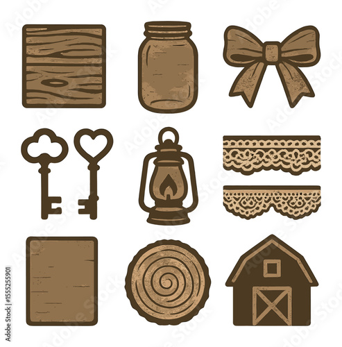 Rustic Wedding Icons. Solid, filled icons set of rustic wedding theme: wood texture, mason jar, burlap ribbon,